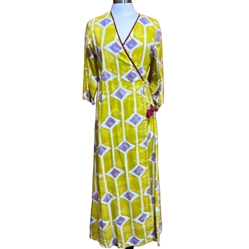 Dolma Iris Bohemian Geometric Long Wrap Dress with Tassels Size Medium - NWT